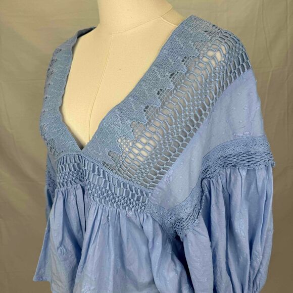 Free People Drive You Mad Blouse Blue Crochet Puff Sleeve Southern Bell Western - Picture 4 of 16
